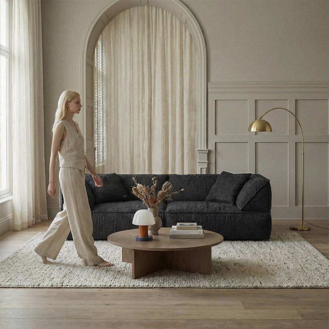 Mid-Century Modern Light French Retro Sofa, Upholstered in Premium Soft Blend Fabric with Down Feather Cushions, 2.2-3.25m Comfy Cloud Couch for Living Room