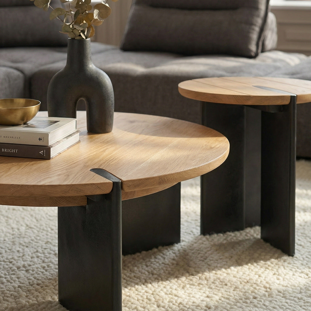 French Retro Solid Ash Wood Round Coffee Table, Mid-Century Modern Tables for Living Room, Small Space Circular Side Table Set