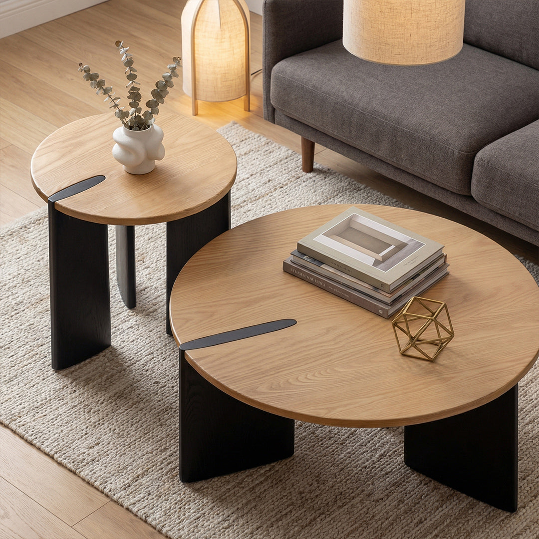 Coffee Table Set, French Retro Solid Ash Wood Round Nesting Tables, Mid-Century Modern Side Tables for Small Spaces, Nordic Compact Circular Living Room Bedroom Decor