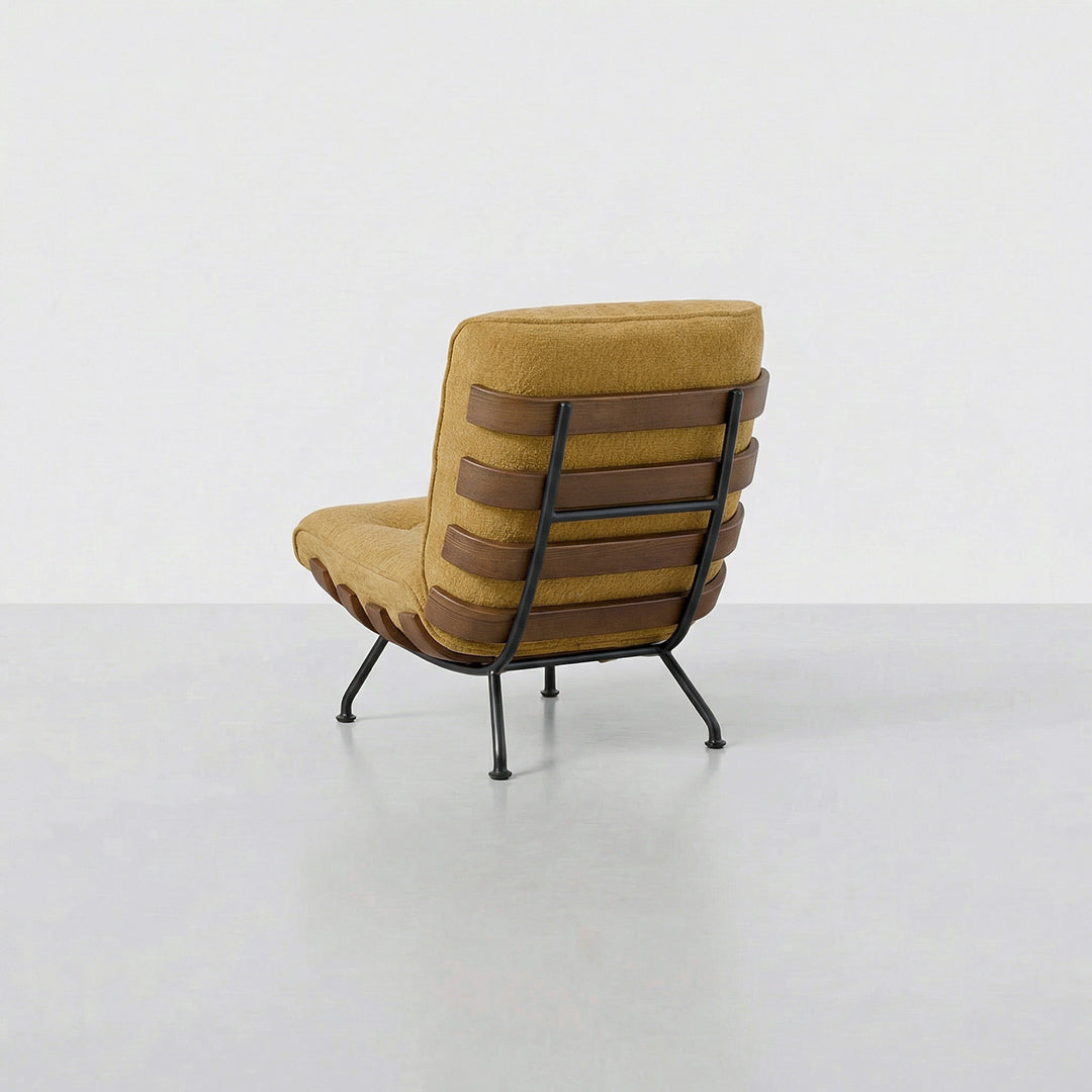 Saint-Malo Accent Chair, Vintage French Retro Lazy Sofa Chair, Walnut Wood Designer Minimalist Single Sofa, Upholstered Comfy Lounge Chair for Living Room Bedroom
