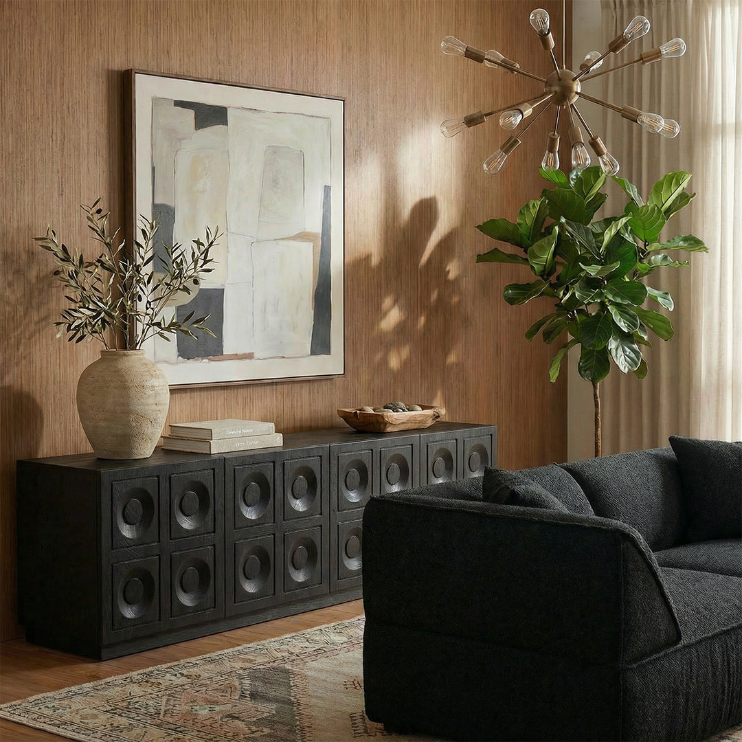 Black Solid Oak TV Stand, Minimalist Style Media Console, Retro Mid-Century Modern Storage Entertainment Center for Living Room