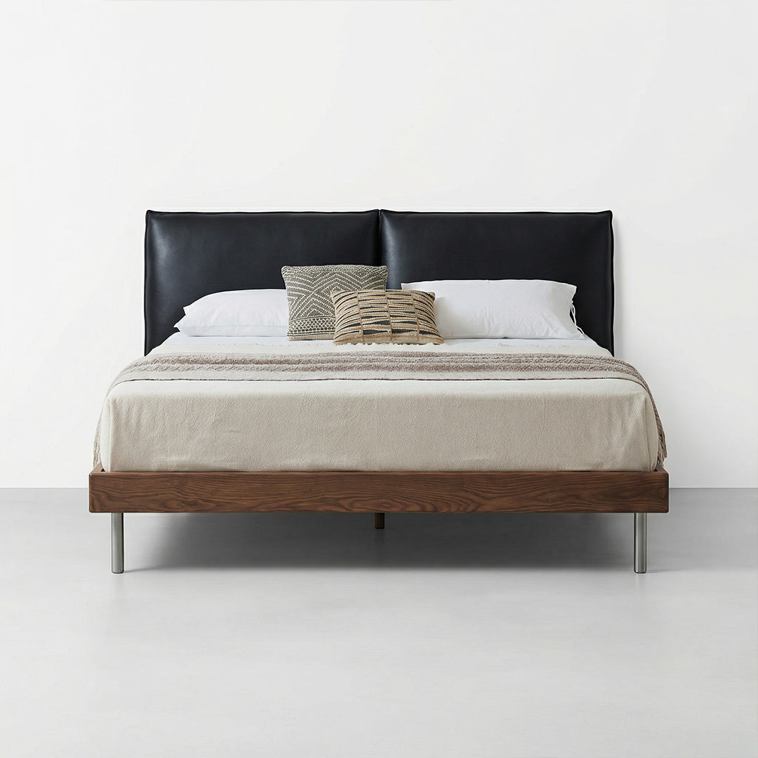 Mid-Century Modern Leather Platform Bed, Vintage Upholstered Bed Frame with Solid Wood Foundation, Retro Style Leather Bed for Bedroom
