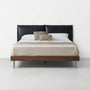 Mid-Century Modern Leather Platform Bed, Vintage Upholstered Bed Frame with Solid Wood Foundation, Retro Style Leather Bed for Bedroom