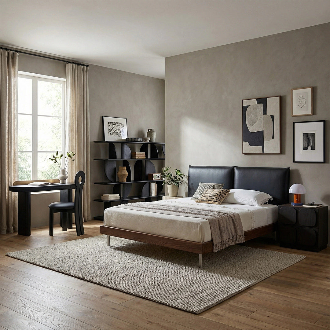Mid-Century Modern Leather Platform Bed, Vintage Upholstered Bed Frame with Solid Wood Foundation, Retro Style Leather Bed for Bedroom