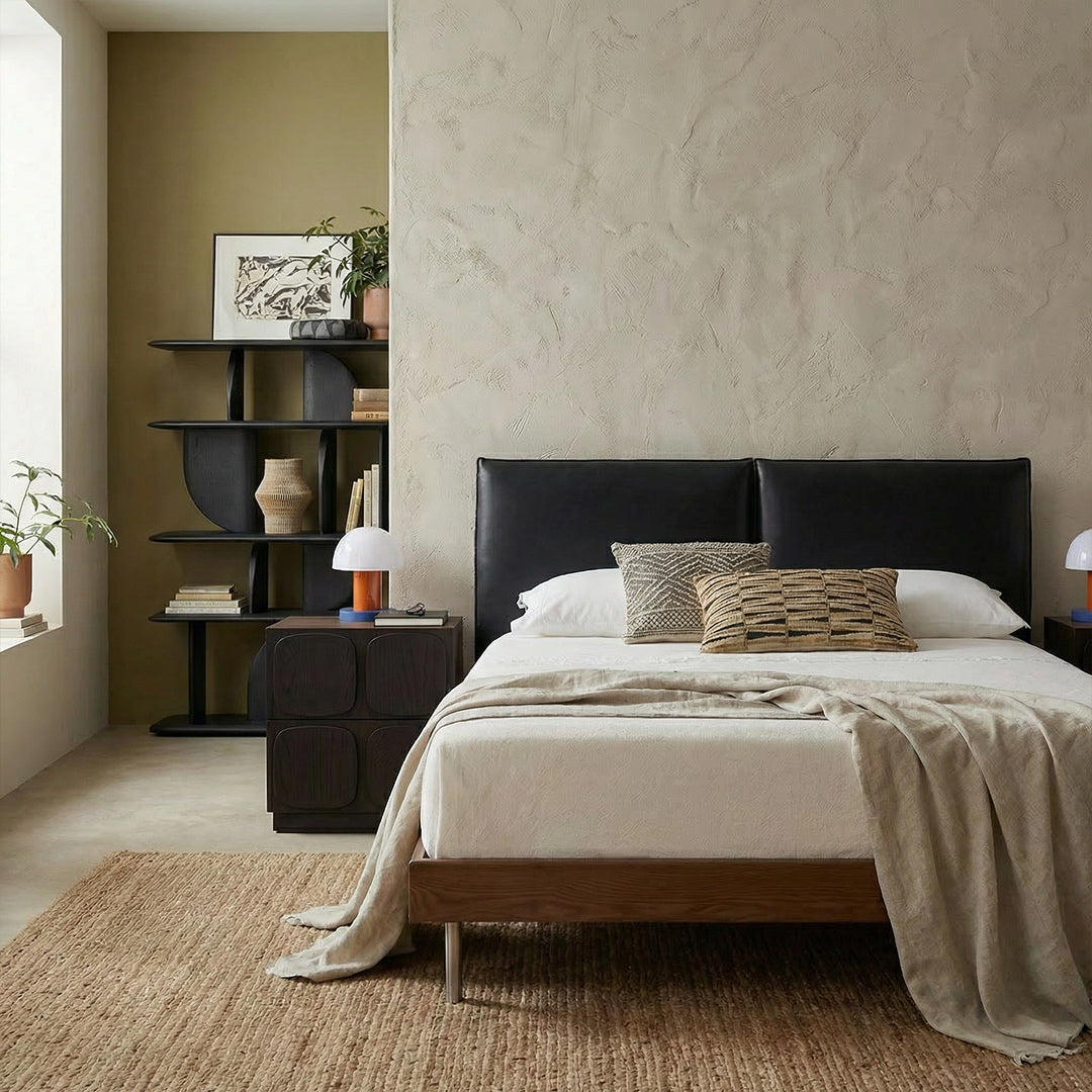 Mid-Century Modern Leather Platform Bed, Vintage Upholstered Bed Frame with Solid Wood Foundation, Retro Style Leather Bed for Bedroom