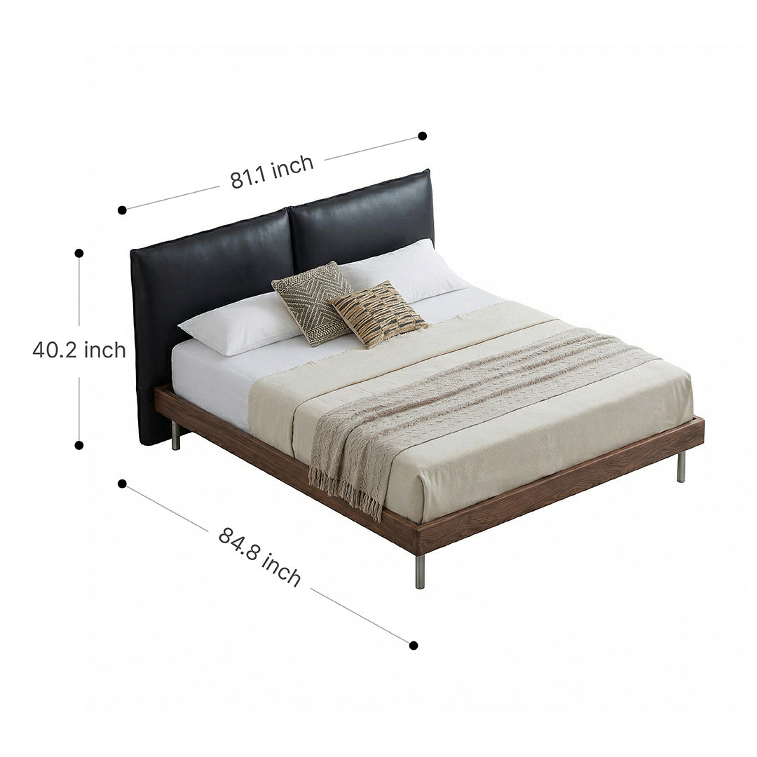 Mid-Century Modern Leather Platform Bed, Vintage Upholstered Bed Frame with Solid Wood Foundation, Retro Style Leather Bed for Bedroom