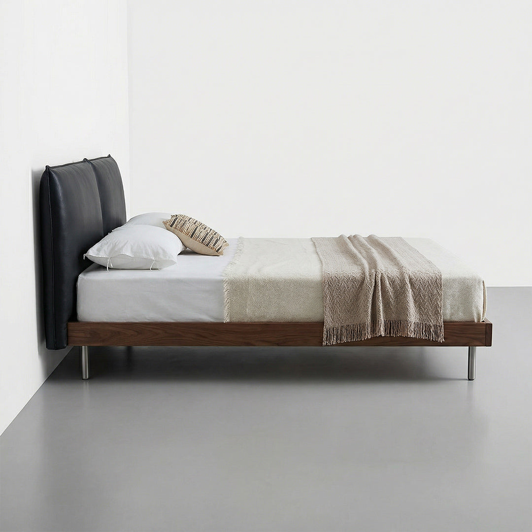 Mid-Century Modern Leather Platform Bed, Vintage Upholstered Bed Frame with Solid Wood Foundation, Retro Style Leather Bed for Bedroom