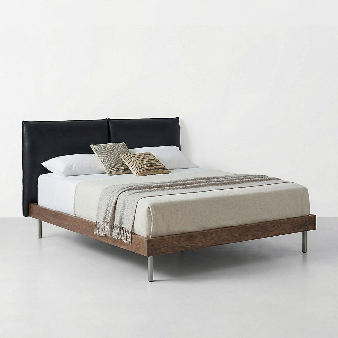 Mid-Century Modern Leather Platform Bed, Vintage Upholstered Bed Frame with Solid Wood Foundation, Retro Style Leather Bed for Bedroom