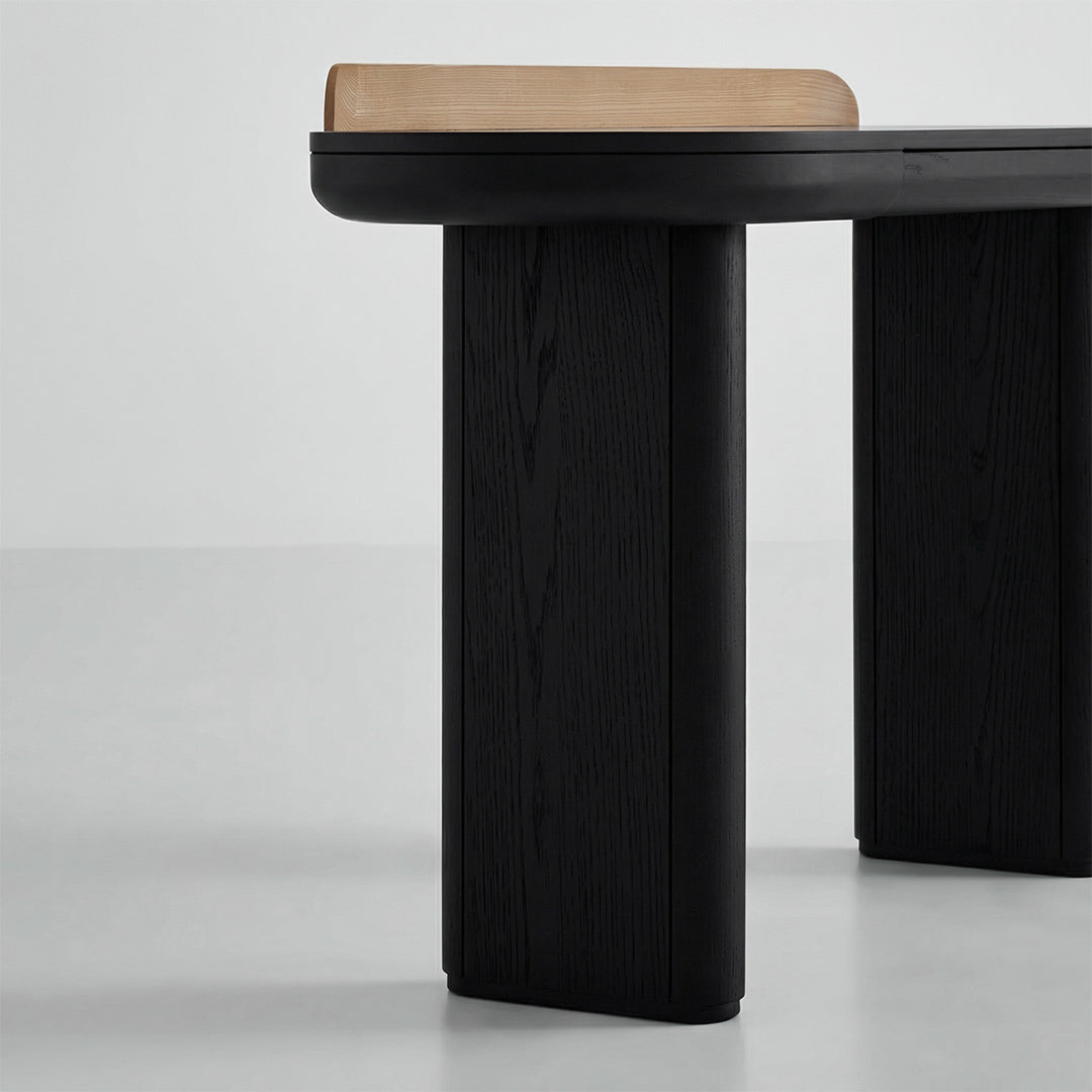 Mid-Century Retro Black Desk, Solid Ash Wood π-Shape Designer Desk with Large Drawer, Multi-Use Vanity Desk for Bedroom