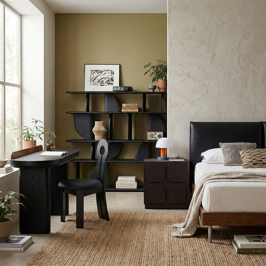 Mid-Century Retro Black Desk, Solid Ash Wood π-Shape Designer Desk with Large Drawer, Multi-Use Vanity Desk for Bedroom