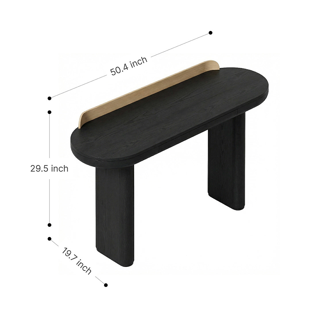 Mid-Century Retro Black Desk, Solid Ash Wood π-Shape Designer Desk with Large Drawer, Multi-Use Vanity Desk for Bedroom