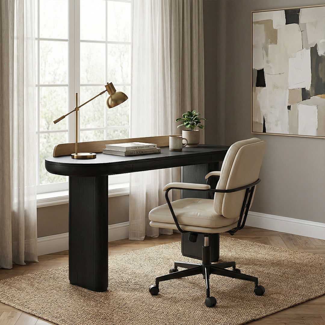 Mid-Century Retro Black Desk, Solid Ash Wood π-Shape Designer Desk with Large Drawer, Multi-Use Vanity Desk for Bedroom