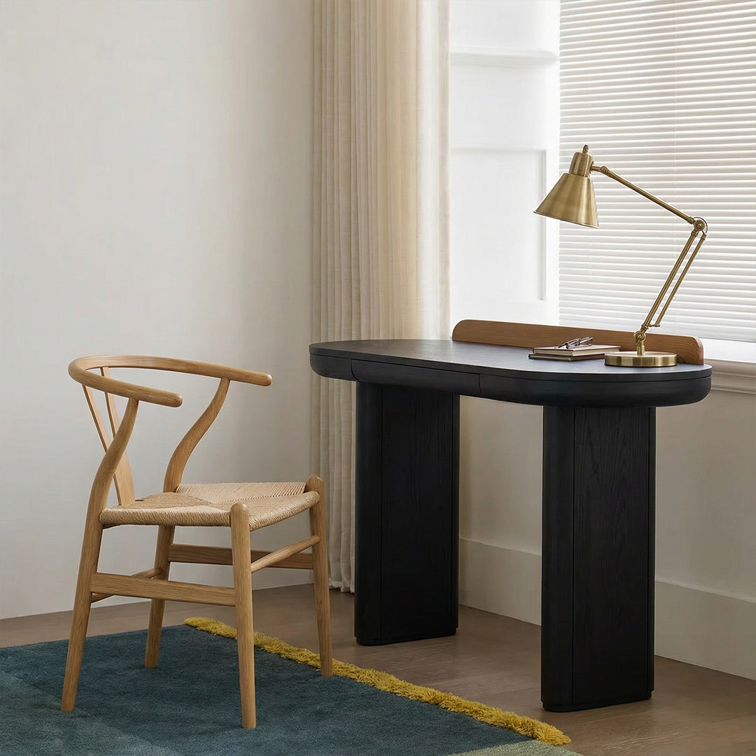 Mid-Century Retro Black Desk, Solid Ash Wood π-Shape Designer Desk with Large Drawer, Multi-Use Vanity Desk for Bedroom