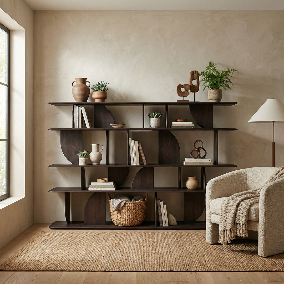 Brussels Mid-Century Bookshelf, Black Solid Ash Wood Floor-Standing Display Shelf, Irregular Designer Wall Unit for Living Room