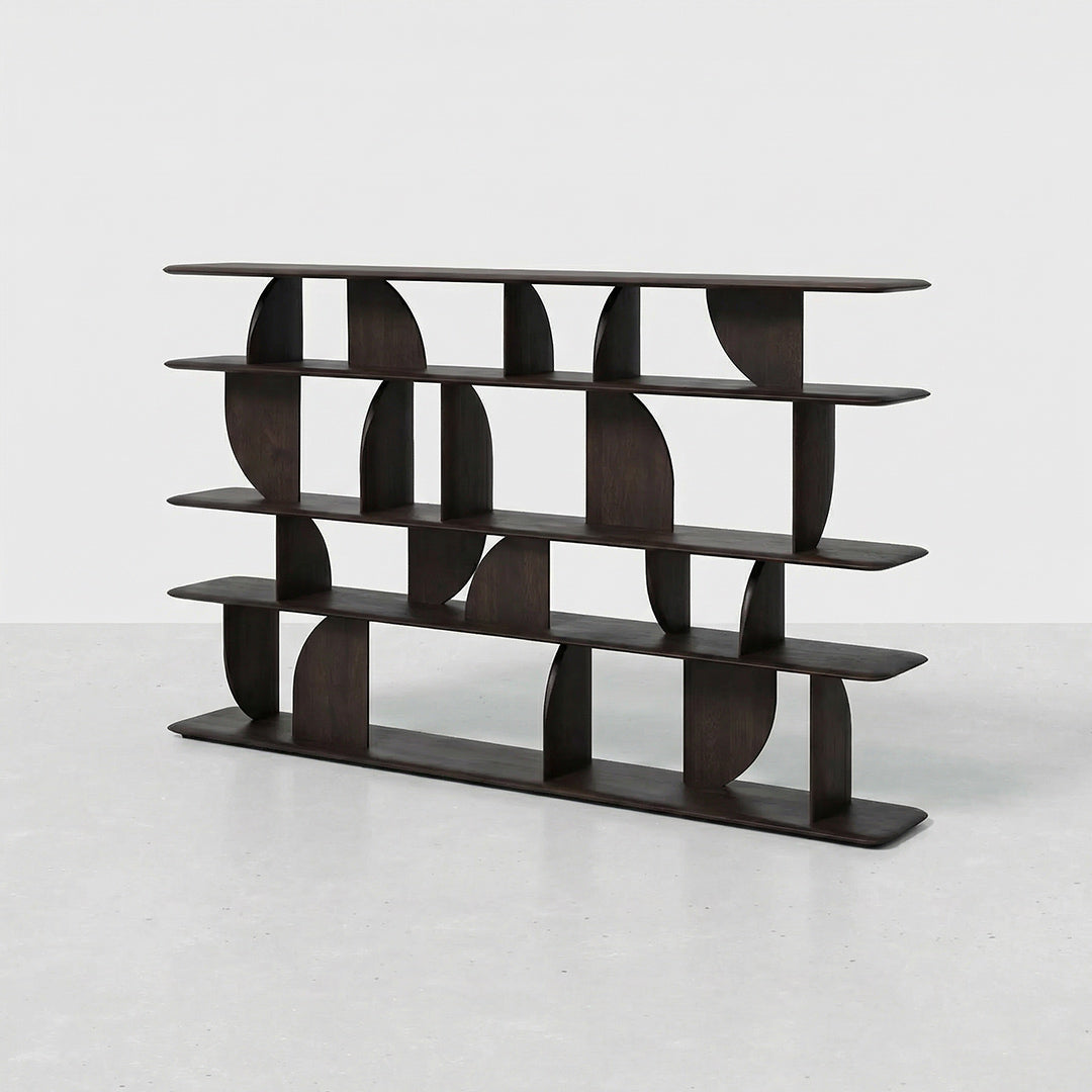 Brussels Mid-Century Bookshelf, Black Solid Ash Wood Floor-Standing Display Shelf, Irregular Designer Wall Unit for Living Room