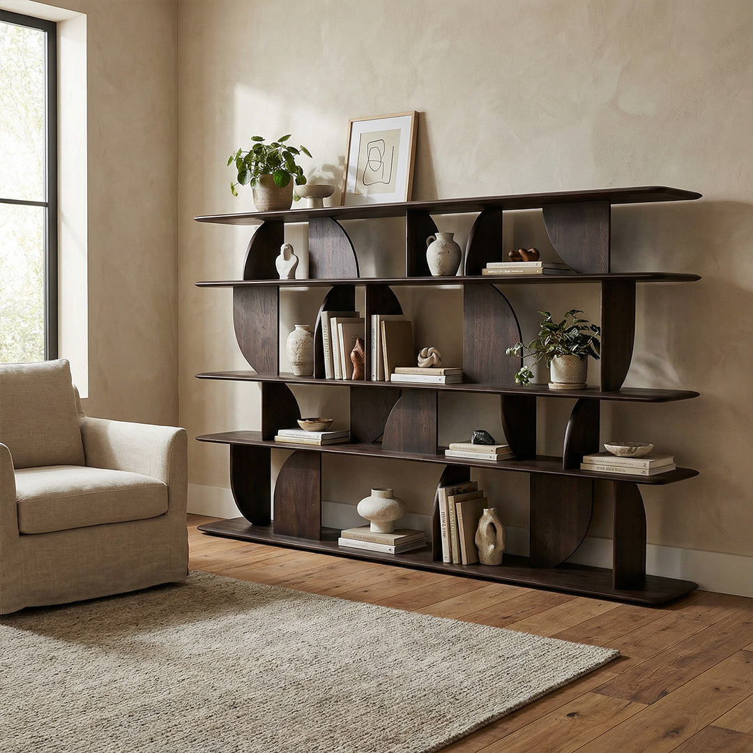 Brussels Mid-Century Bookshelf, Black Solid Ash Wood Floor-Standing Display Shelf, Irregular Designer Wall Unit for Living Room