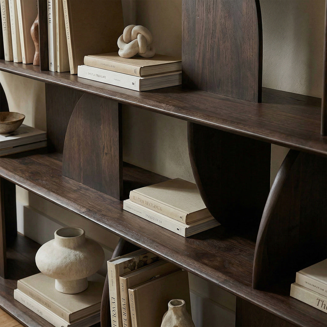 Brussels Mid-Century Bookshelf, Black Solid Ash Wood Floor-Standing Display Shelf, Irregular Designer Wall Unit for Living Room