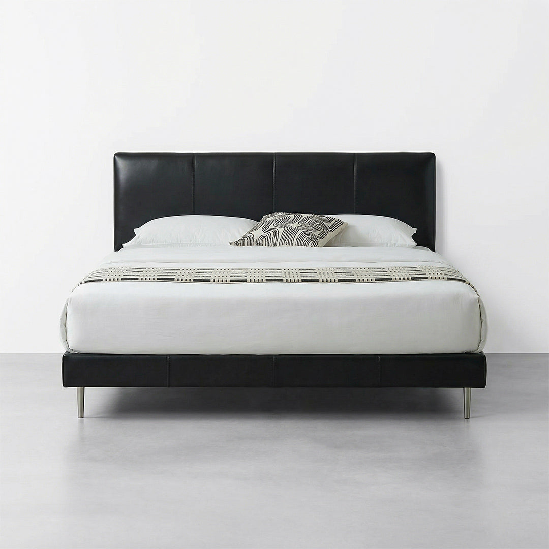 Modern Minimalist Nappa Leather Bed, Retro Black Upholstered Platform Bed with Solid Wood Frame, Queen Size Bed for Bedroom