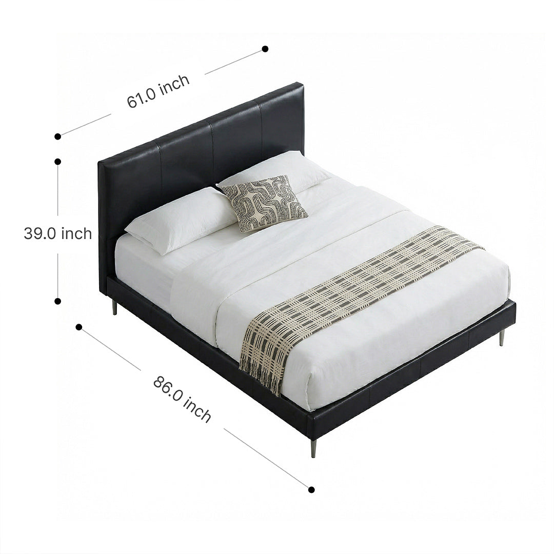 Modern Minimalist Nappa Leather Bed, Retro Black Upholstered Platform Bed with Solid Wood Frame, Queen Size Bed for Bedroom