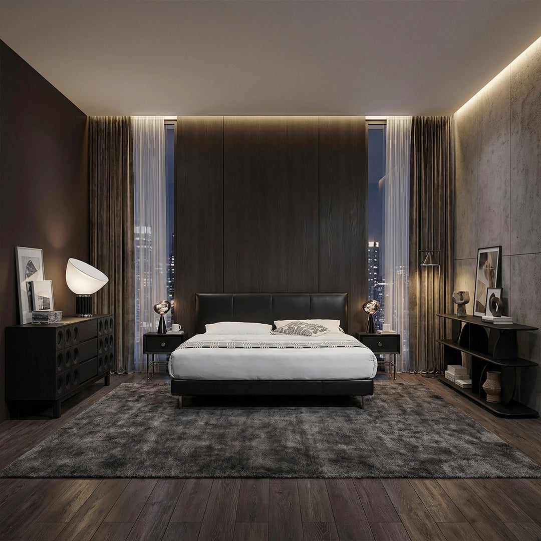 Modern Minimalist Nappa Leather Bed, Retro Black Upholstered Platform Bed with Solid Wood Frame, Queen Size Bed for Bedroom