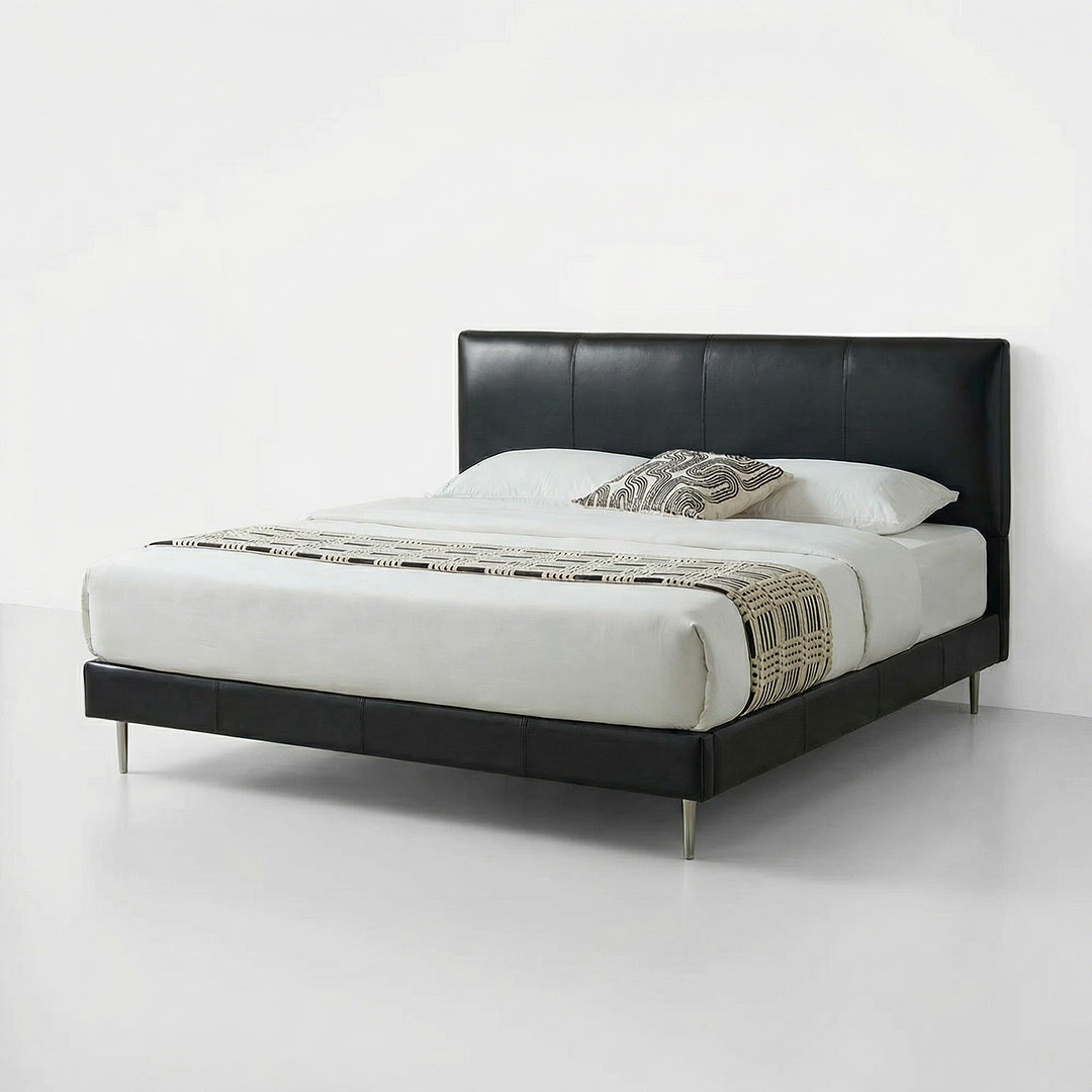 Modern Minimalist Nappa Leather Bed, Retro Black Upholstered Platform Bed with Solid Wood Frame, Queen Size Bed for Bedroom