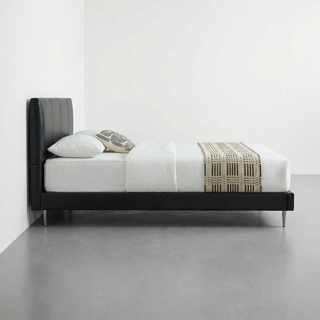 Modern Minimalist Nappa Leather Bed, Retro Black Upholstered Platform Bed with Solid Wood Frame, Queen Size Bed for Bedroom