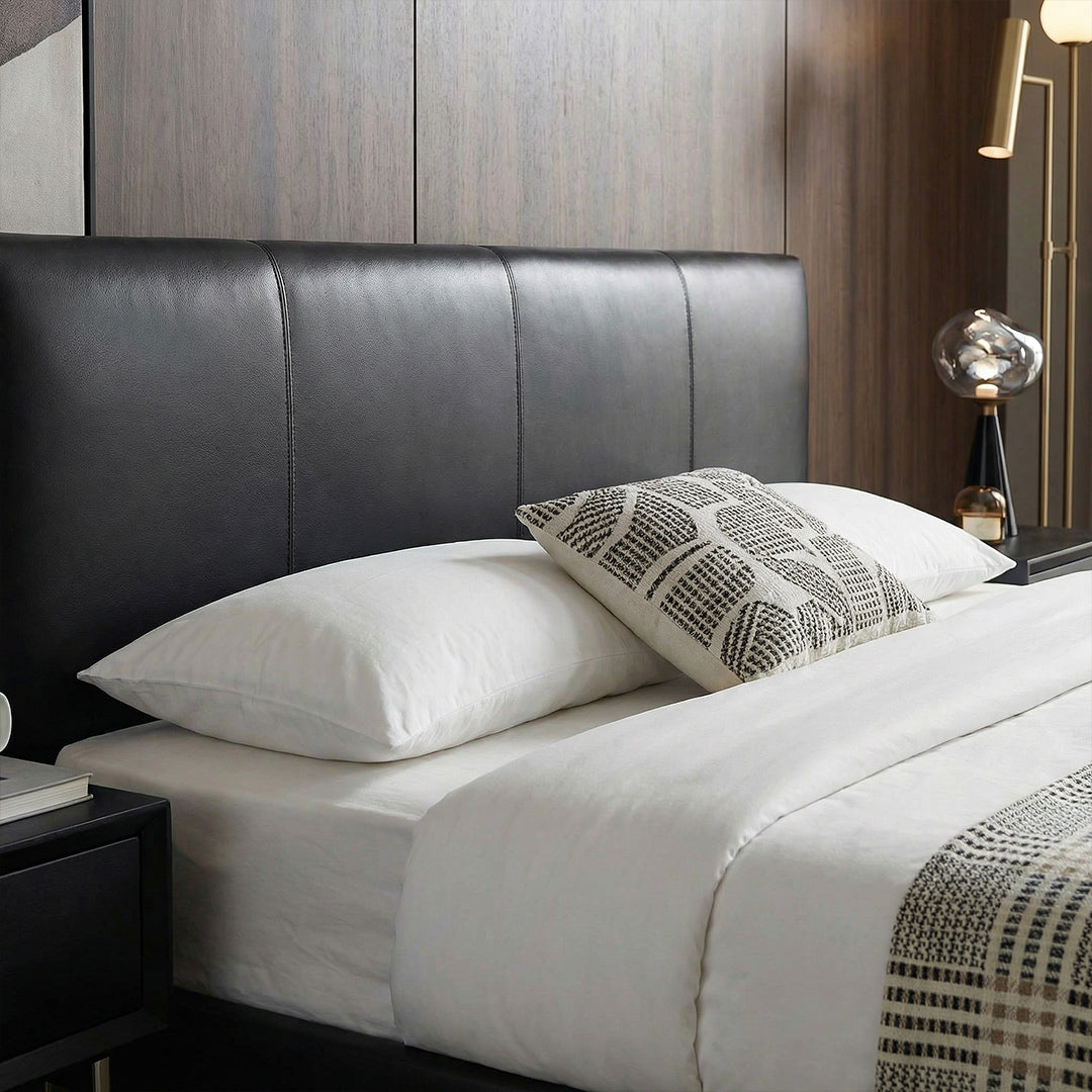 Modern Minimalist Nappa Leather Bed, Retro Black Upholstered Platform Bed with Solid Wood Frame, Queen Size Bed for Bedroom