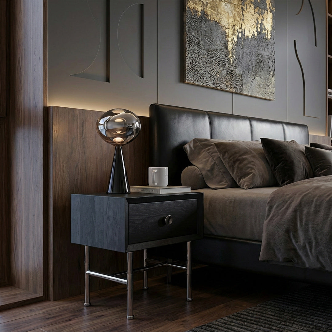 Bauhaus Minimalist Nightstand, Modern Stainless Steel Bedside Table, Black Storage Nightstand with Drawer for Bedroom