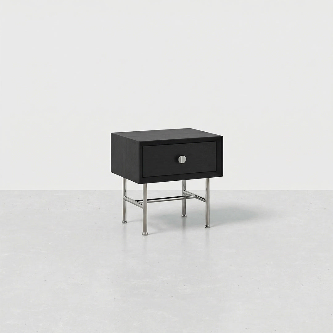 Bauhaus Minimalist Nightstand, Modern Stainless Steel Bedside Table, Black Storage Nightstand with Drawer for Bedroom