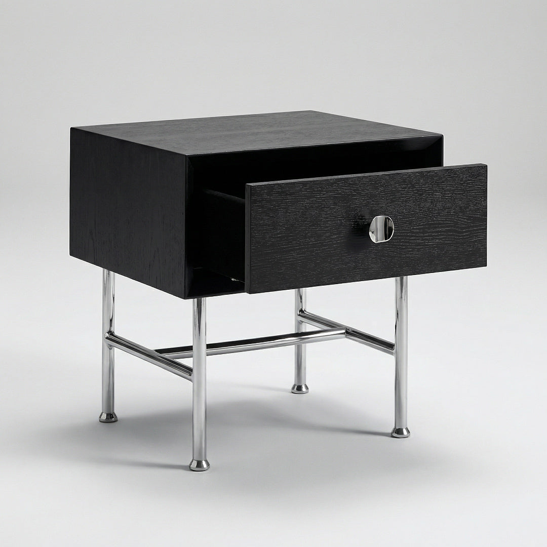 Bauhaus Minimalist Nightstand, Modern Stainless Steel Bedside Table, Black Storage Nightstand with Drawer for Bedroom