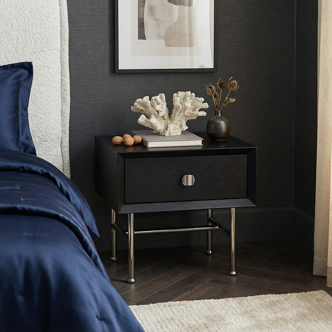 Bauhaus Minimalist Nightstand, Modern Stainless Steel Bedside Table, Black Storage Nightstand with Drawer for Bedroom