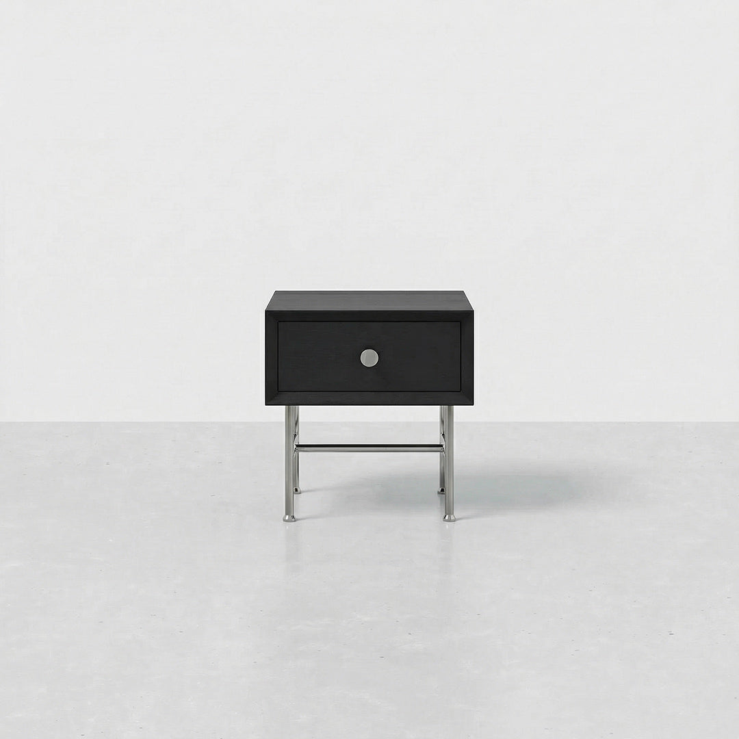 Bauhaus Minimalist Nightstand, Modern Stainless Steel Bedside Table, Black Storage Nightstand with Drawer for Bedroom