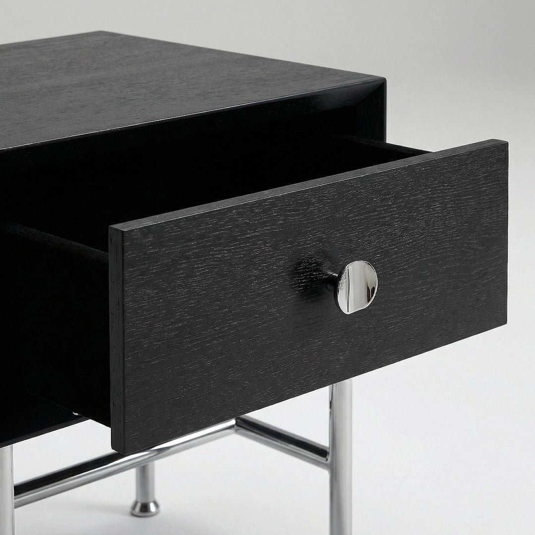 Bauhaus Minimalist Nightstand, Modern Stainless Steel Bedside Table, Black Storage Nightstand with Drawer for Bedroom