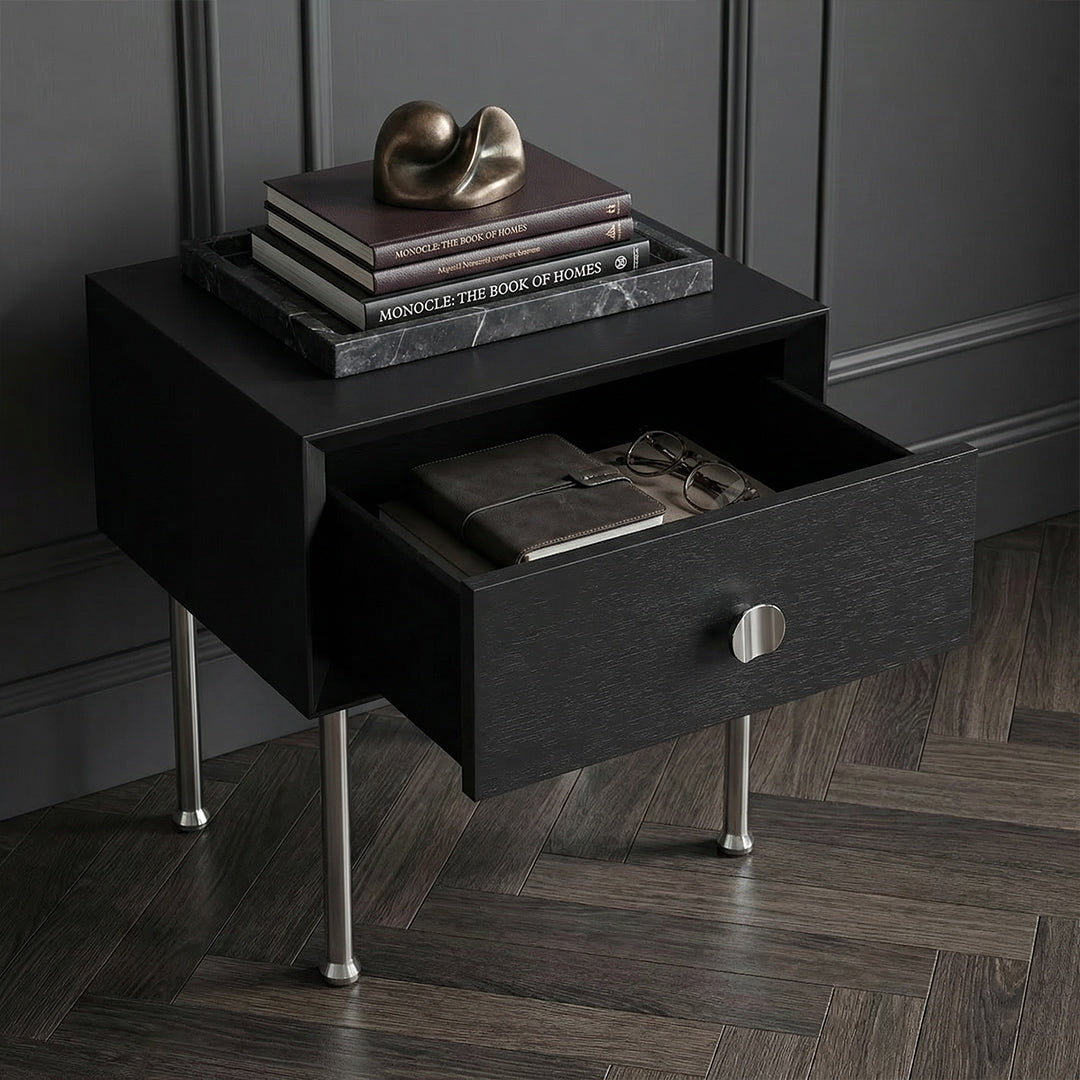Bauhaus Minimalist Nightstand, Modern Stainless Steel Bedside Table, Black Storage Nightstand with Drawer for Bedroom