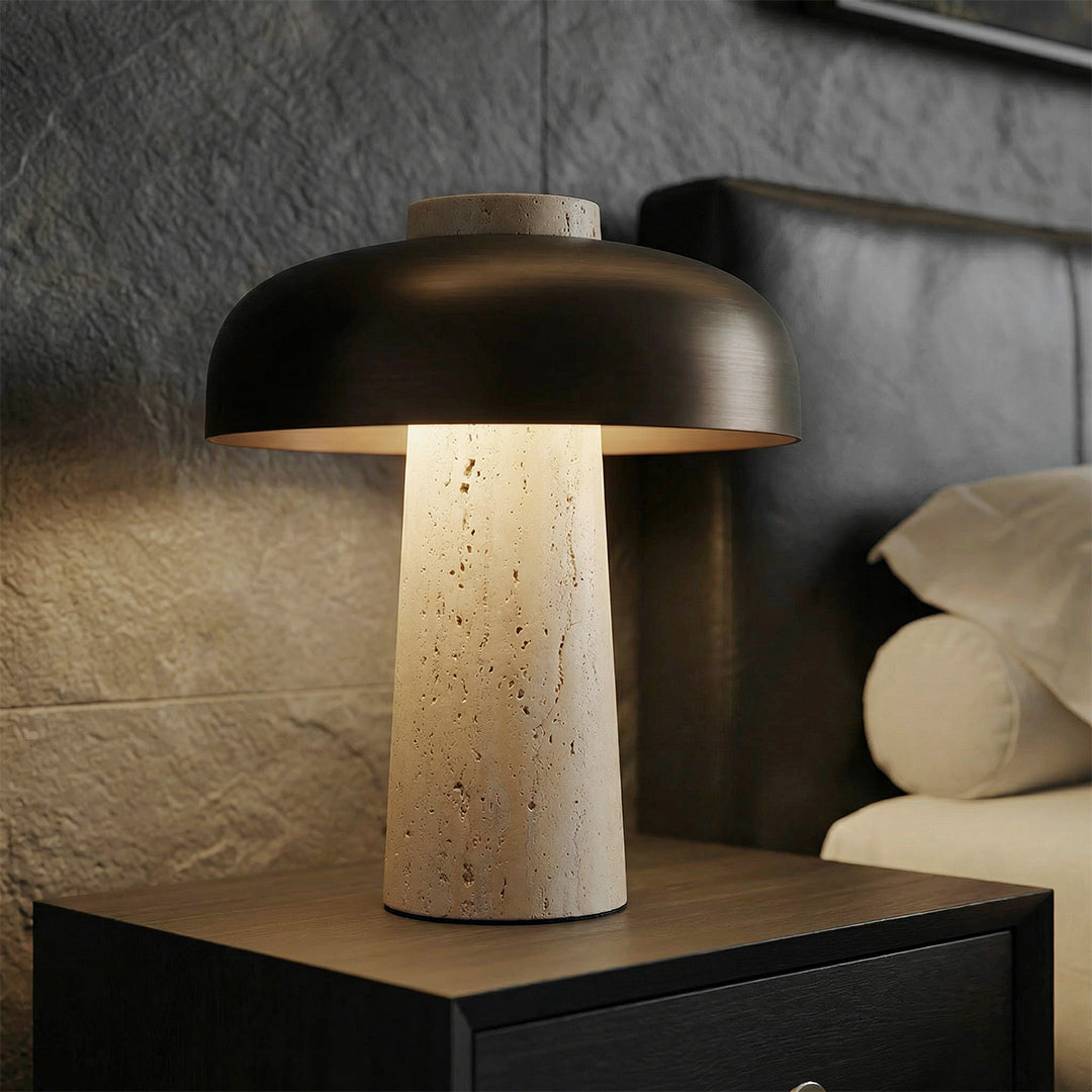 Mid-Century Mushroom Table Lamp, Nordic Travertine Bedside Lamp, Rechargeable Retro LED Night Light for Bedroom Living Room