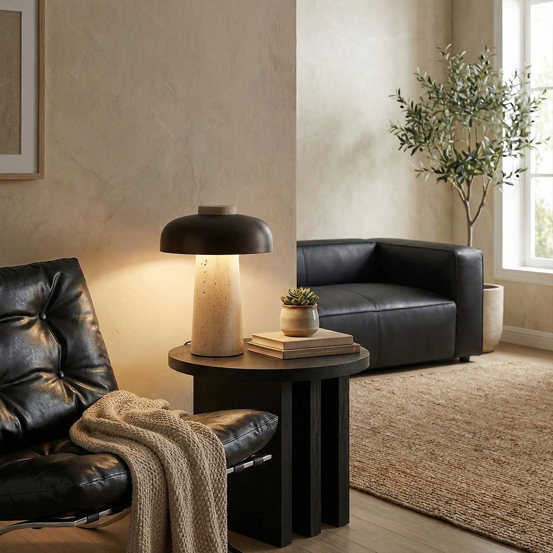 Mid-Century Mushroom Table Lamp, Nordic Travertine Bedside Lamp, Rechargeable Retro LED Night Light for Bedroom Living Room
