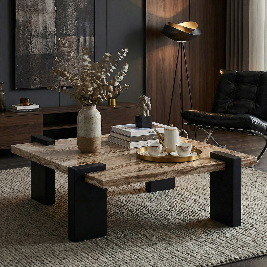 Italian Minimalist Square Coffee Table, Natural Marble Top Mid-Century Wood Frame Coffee Table