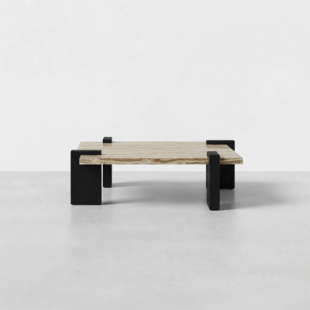 Italian Minimalist Square Coffee Table, Natural Marble Top Mid-Century Wood Frame Coffee Table