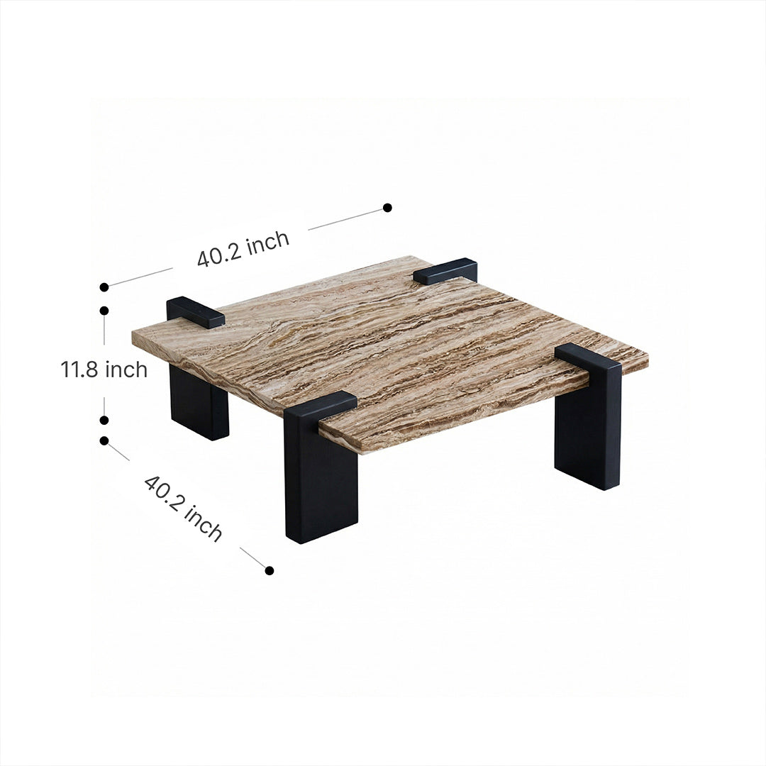 Italian Minimalist Square Coffee Table, Natural Marble Top Mid-Century Wood Frame Coffee Table