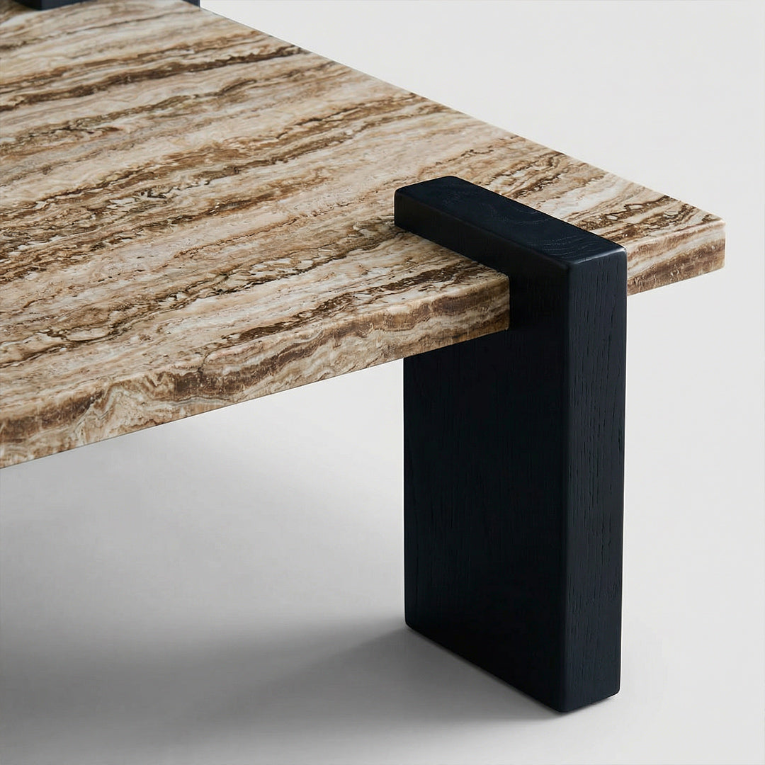 Italian Minimalist Square Coffee Table, Natural Marble Top Mid-Century Wood Frame Coffee Table