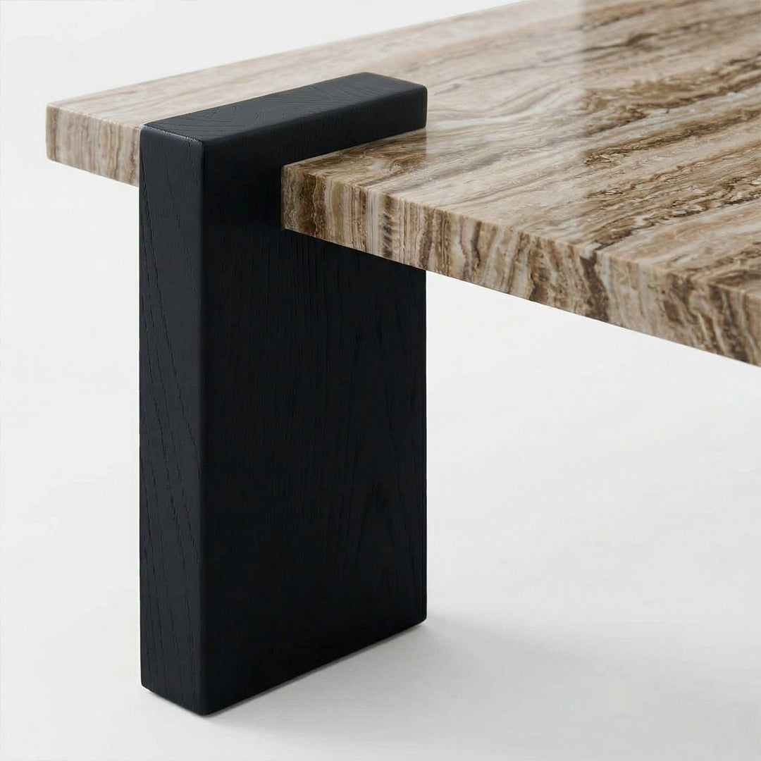 Italian Minimalist Square Coffee Table, Natural Marble Top Mid-Century Wood Frame Coffee Table