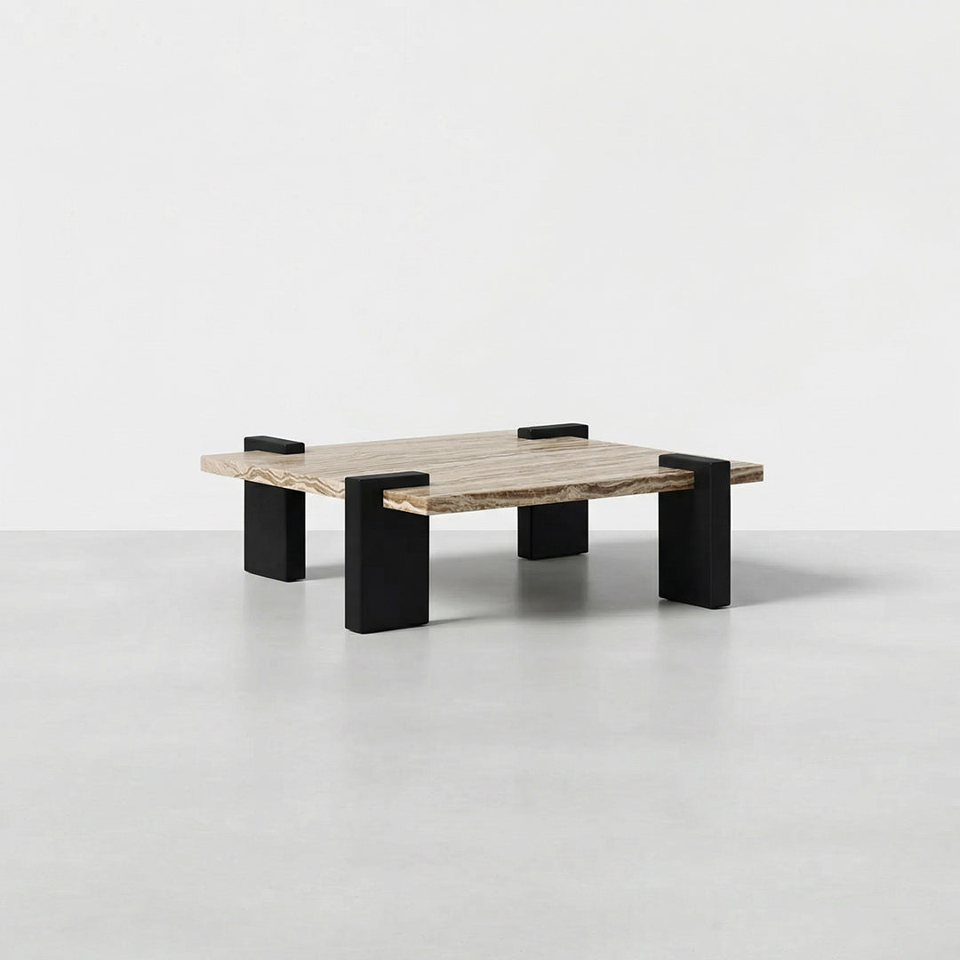 Italian Minimalist Square Coffee Table, Natural Marble Top Mid-Century Wood Frame Coffee Table