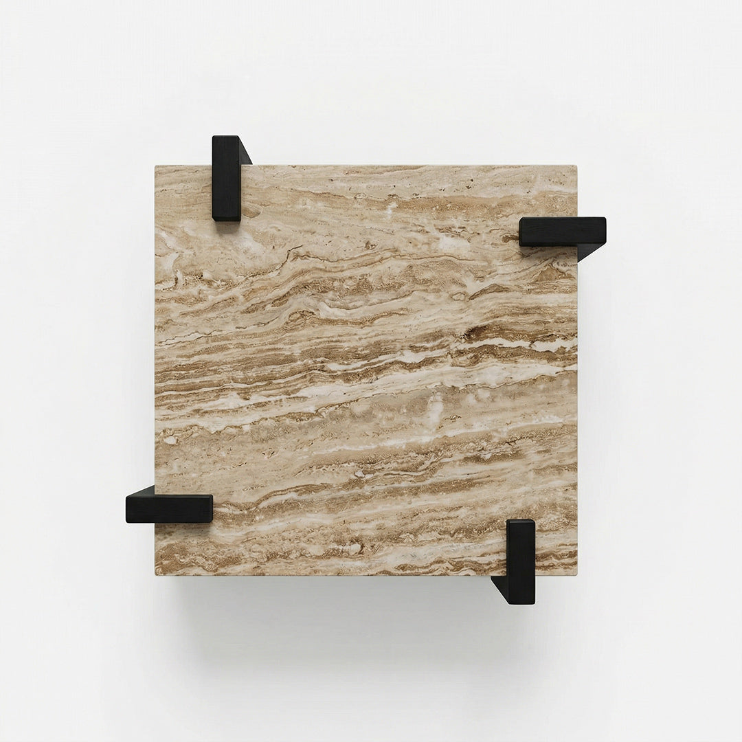 Italian Minimalist Square Coffee Table, Natural Marble Top Mid-Century Wood Frame Coffee Table
