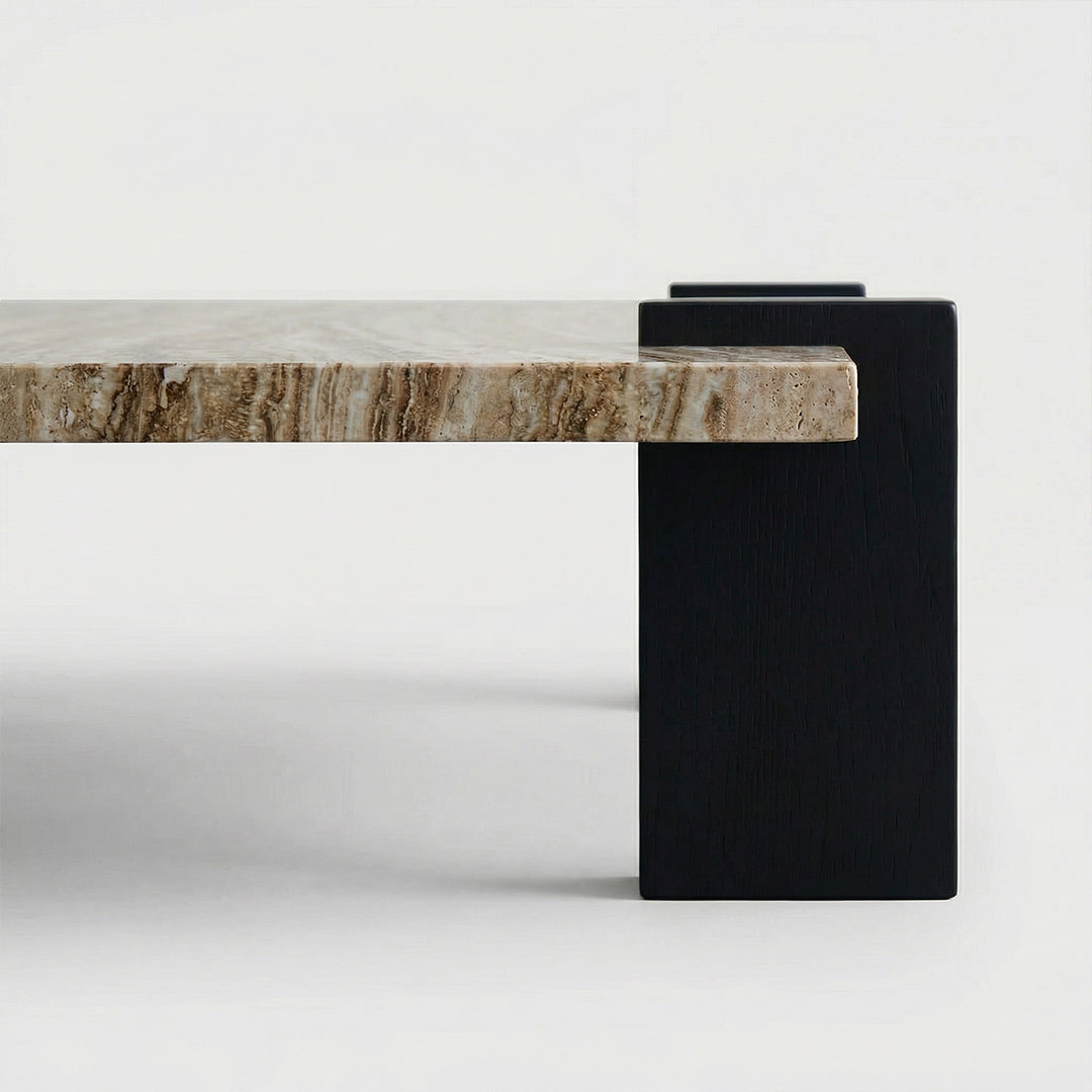 Italian Minimalist Square Coffee Table, Natural Marble Top Mid-Century Wood Frame Coffee Table