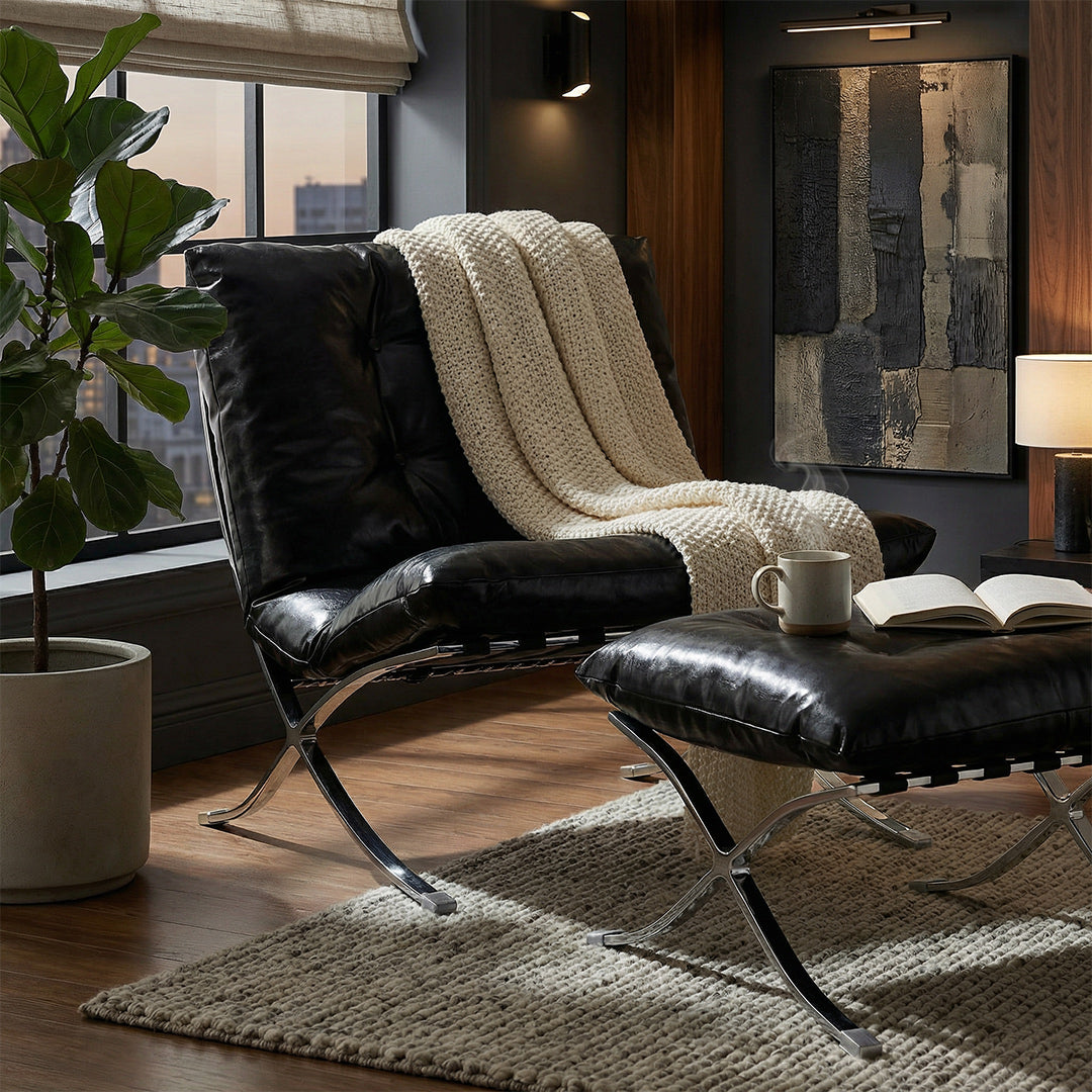 Barcelona Mid-Century Retro Accent Chair, Top-Grain Leather Texture, Ergonomic Single Sofa Chair with Sturdy Metal Frame, Modern Minimalist Designer Lounge Chair for Living Room Bedroom