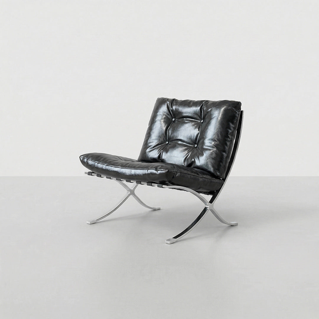 Barcelona Mid-Century Retro Accent Chair, Top-Grain Leather Texture, Ergonomic Single Sofa Chair with Sturdy Metal Frame, Modern Minimalist Designer Lounge Chair for Living Room Bedroom