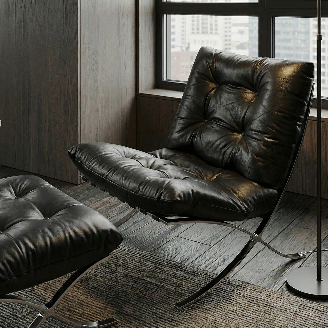 Barcelona Mid-Century Retro Accent Chair, Top-Grain Leather Texture, Ergonomic Single Sofa Chair with Sturdy Metal Frame, Modern Minimalist Designer Lounge Chair for Living Room Bedroom