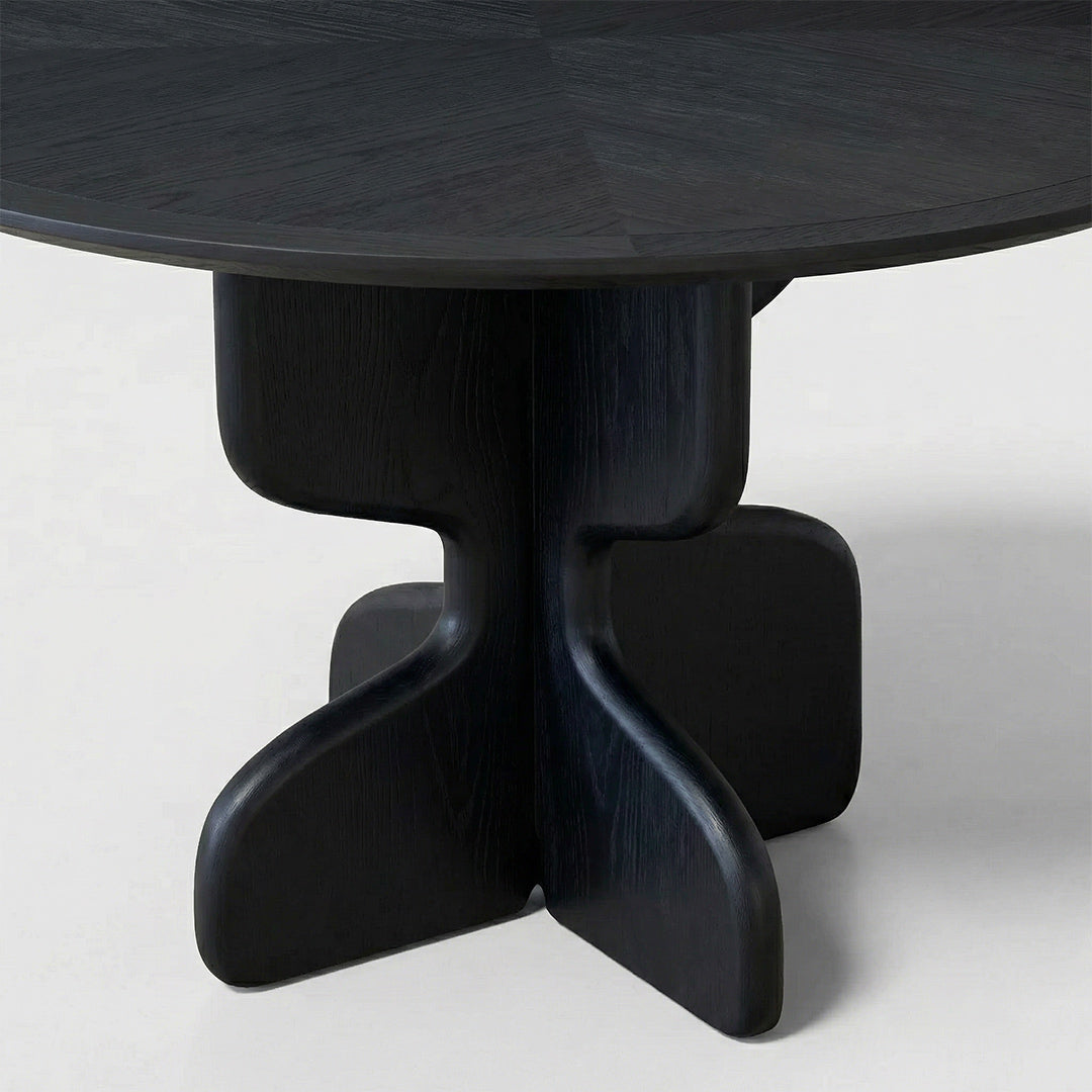 Baroque French Retro Round Dining Table, Fan-Shaped Wood Inlay Solid Wood Black Table, Designer Style for Small Space Kitchen Living Room