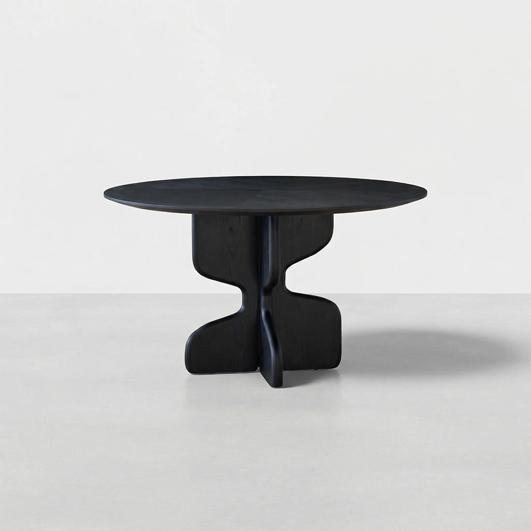 Baroque French Retro Round Dining Table, Fan-Shaped Wood Inlay Solid Wood Black Table, Designer Style for Small Space Kitchen Living Room