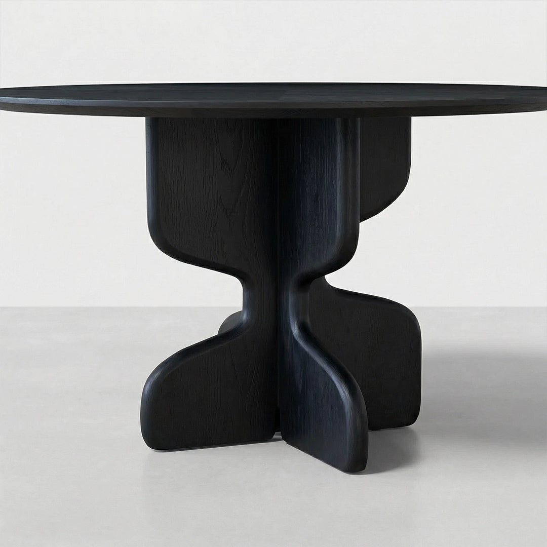 Baroque French Retro Round Dining Table, Fan-Shaped Wood Inlay Solid Wood Black Table, Designer Style for Small Space Kitchen Living Room